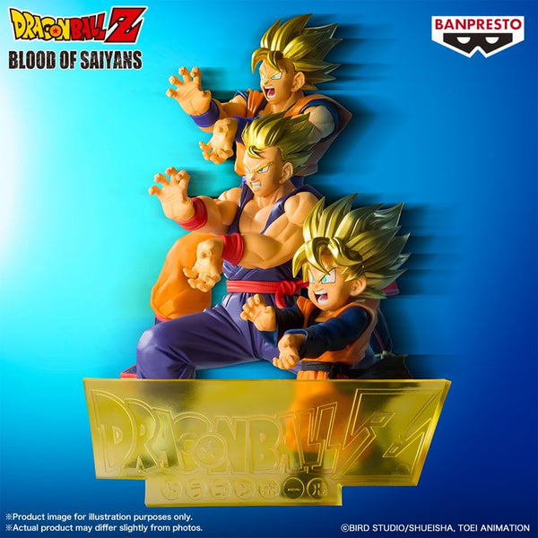BANPRESTO DRAGON BALL Z BLOOD OF SAIYANS - COMPLETE SET OF 3 FIGURES AND LOGO STAND
